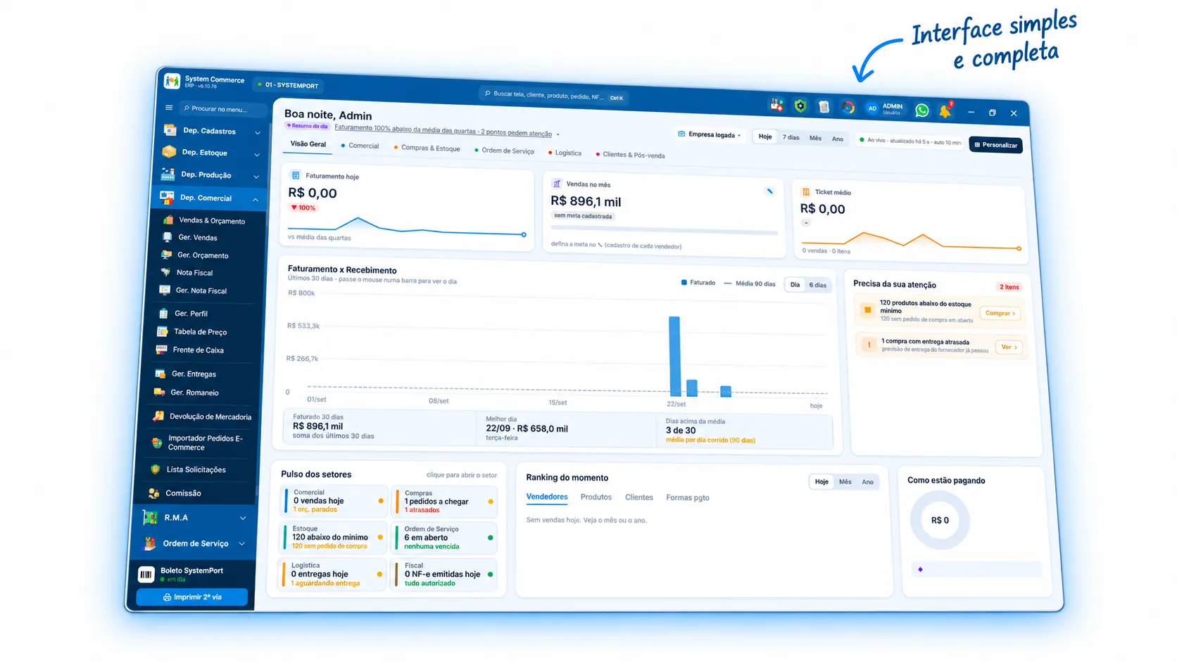 Painel do System Commerce com a indicação Interface simples e completa